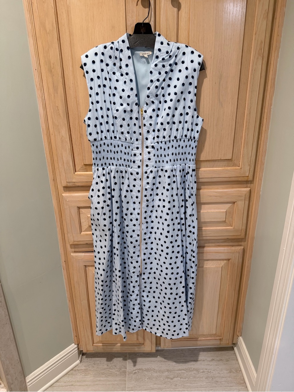 JODIFL Light Blue Polka Dot Midi Dress with Front Zip